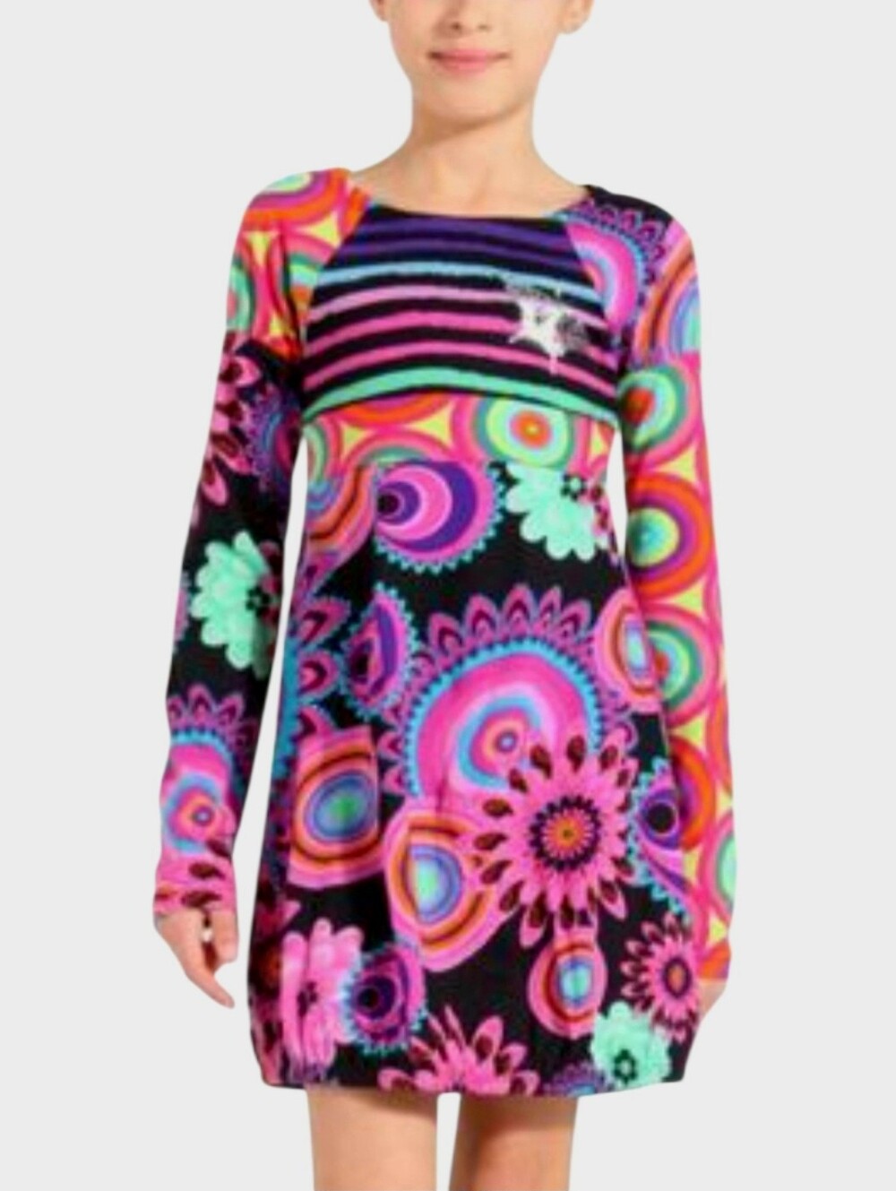 Desigual Girl's Patchwork Abstract Dopamine Motifs Prints Long Sleeve Dress 7/8